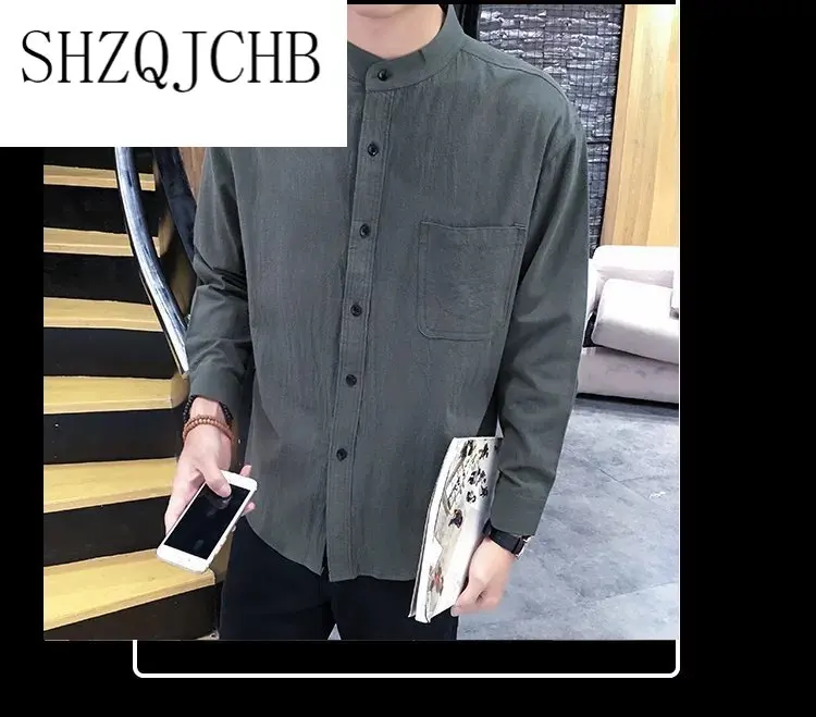

New 2021 Men's Linen Shirts Chinese Mandarin Collar Cotton Linen Shirts Male Autumn Casual Long Sleeve White Black Flax Shirts