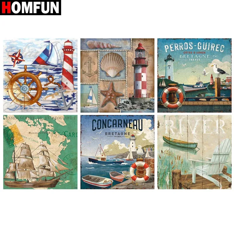 5d алмазная живопись HOMFUN морской пейзаж лодка башня текст вышивка крестиком