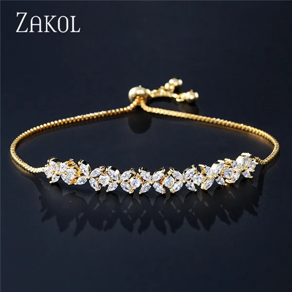 ZAKOL, Новое поступление, белый Фианит, циркон, камни, цветок, шарм, регулируемые браслеты для женщин, модные свадебные ювелирные изделия, FSBP2136 - Окраска металла: Gold Color