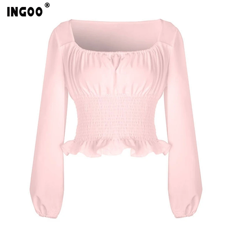 Женский шифоновый топ с оборками и завышенной талией длинным рукавом