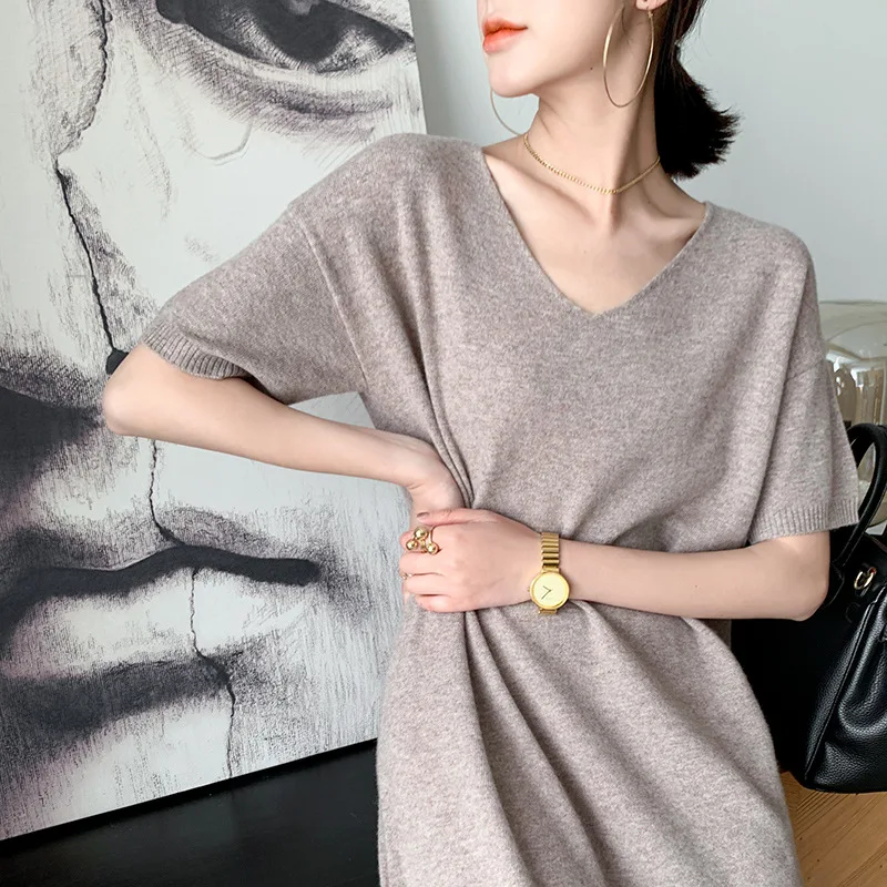 

100% wool 2021 spring women's new loose V-Neck long Pullover 5 / s T-shirt dress