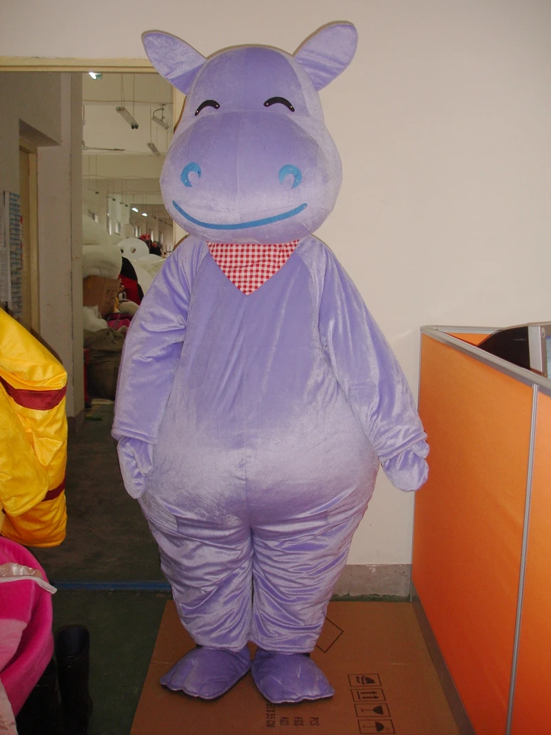 

Fancy Purple Hippo Mascot Costume Mascotte Hippopotamus River Horse With Big Blue Mouth Happy Face adult size chanukah carvinal