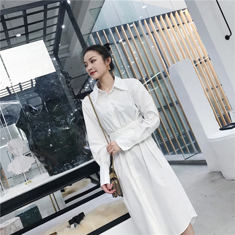 Новое поступление Осеннее женское белое платье рубашка с длинным рукавом и