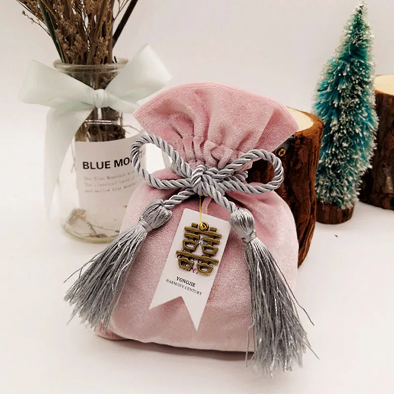 Pink Gray Бархатные сумки на шнурке с кисточками 11x15 см, сумки на День святого Валентина, подарочные бархатные сумки для ювелирных изделий, упаковка для свадебных сладостей, сумки - Цвет: Pink Gray