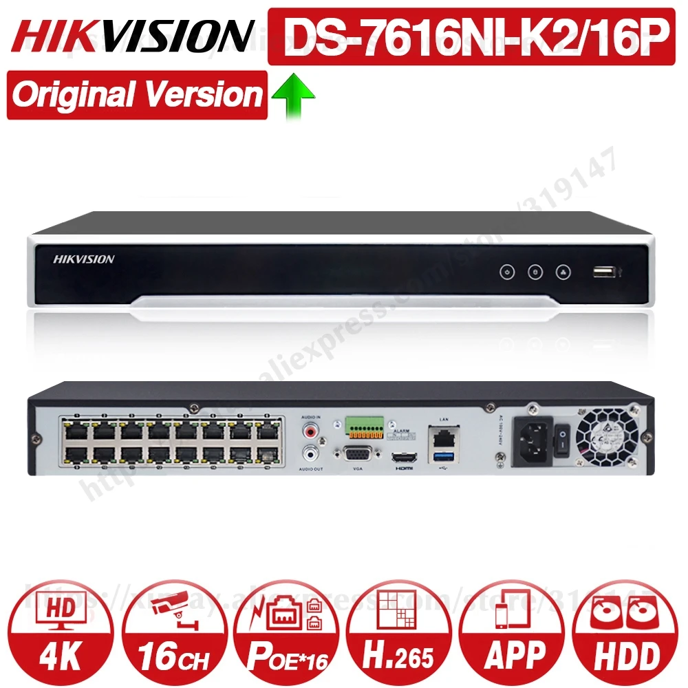 Hikvision PoE NVR DS-7616NI-K2/16P 16CH H.265 12mp POE для IP Камера Поддержка двухстороннее аудио HIK-CONNECT |