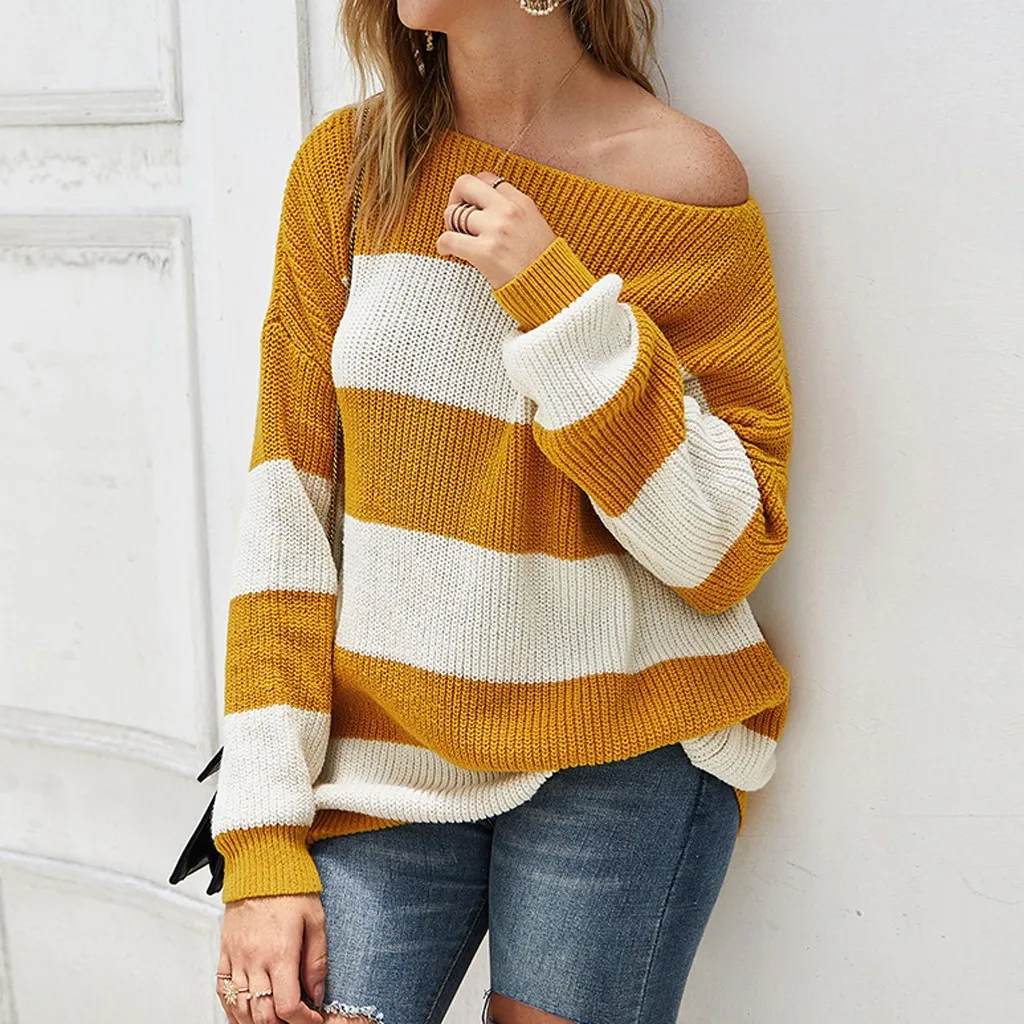 2019 Модный женский свитер Топ полосатый вязаный длинный рукав Повседневная