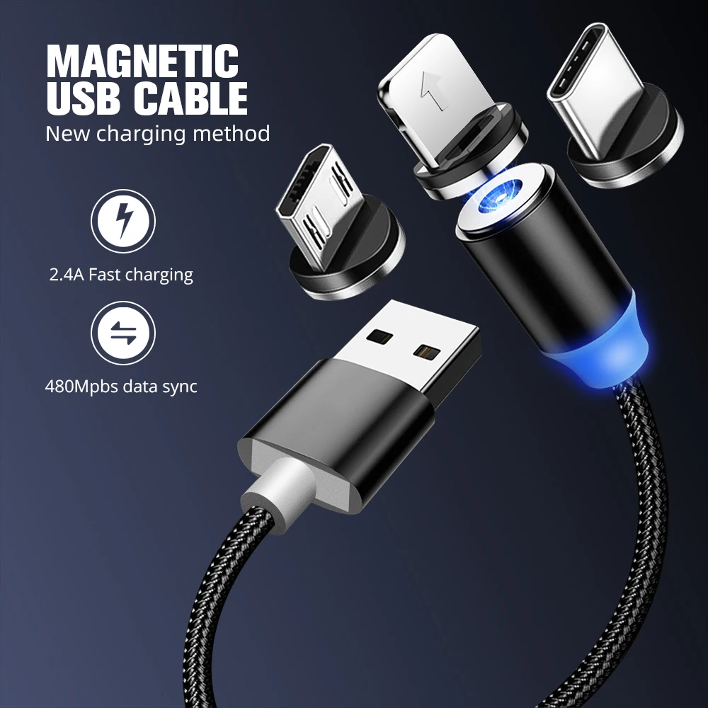 Магнитное зарядное устройство 1 м 2 кабель Micro USB Type C для iPhone Samsung Xiaomi Redmi Android