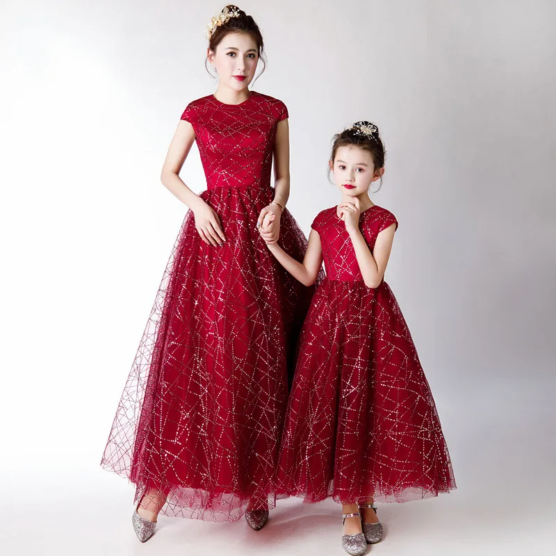 Очаровательное платье с круглым вырезом для девочек Бордовое цветочным узором