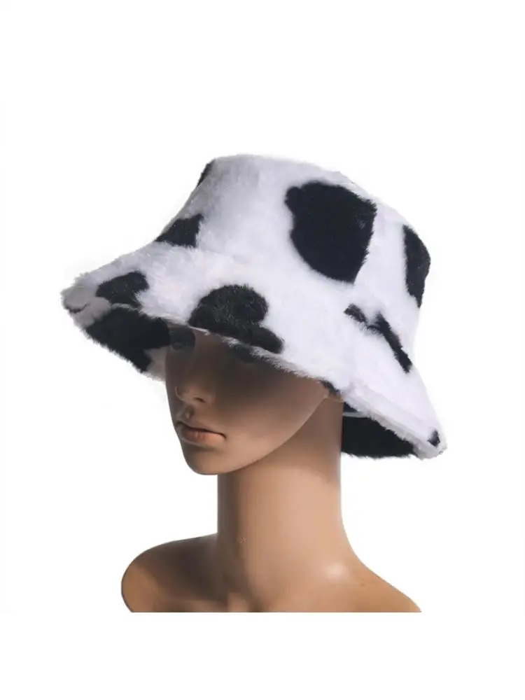 

New Winter Cow Print Plush Bucket Hats for Women Tourism Outdoor Warm Hat Soft Velvet Fisherman Cap Lady Fashion Panama Present