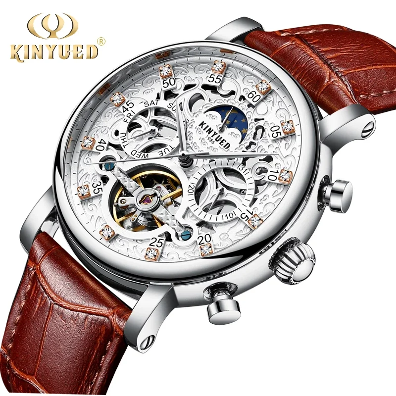 

KINYUED Luxury Watch Men Skeleton Automatic Tourbillon Mechanical Watches Fashion Leather Strap 30 meters water resistant Watch