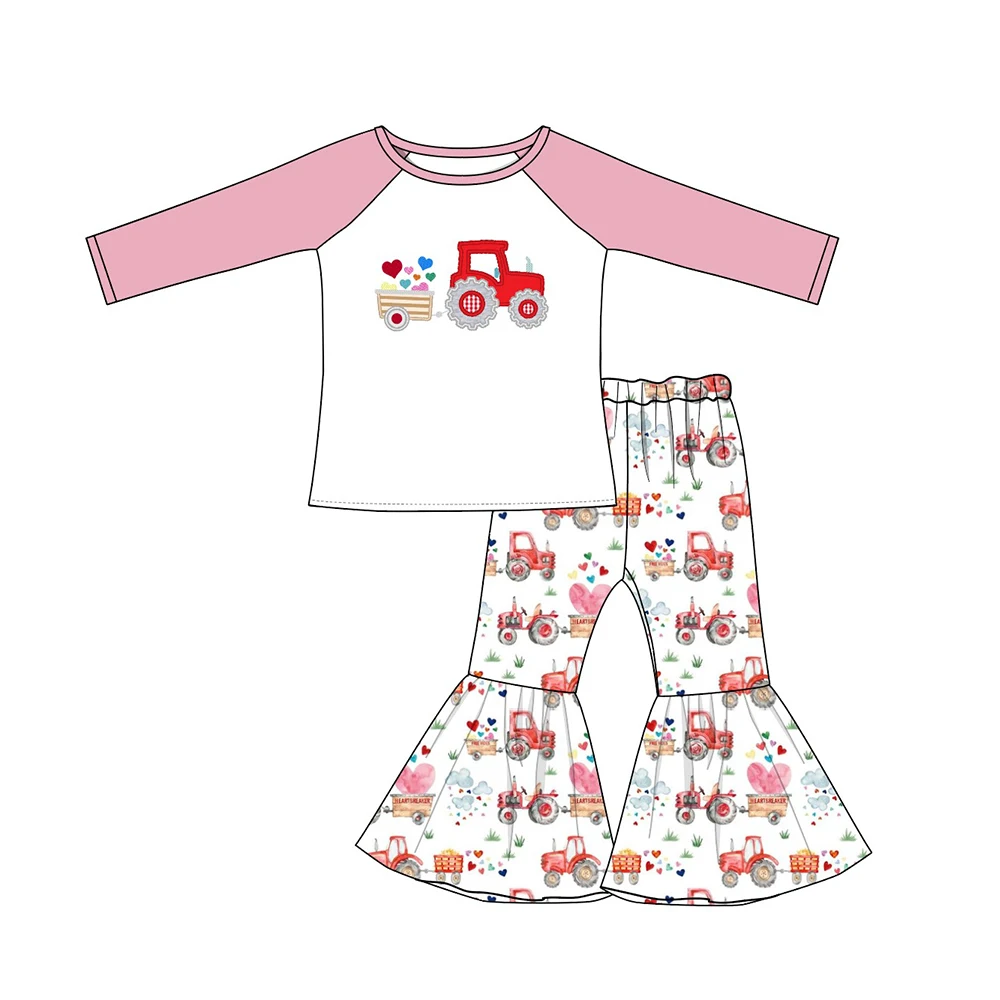 Autumn Girls Clothes Pink Stripes Long Sleeve Valentine's Day Tractor Pulling Love Heart Embroidery Pattern Toddler Baby Romper | Мать и