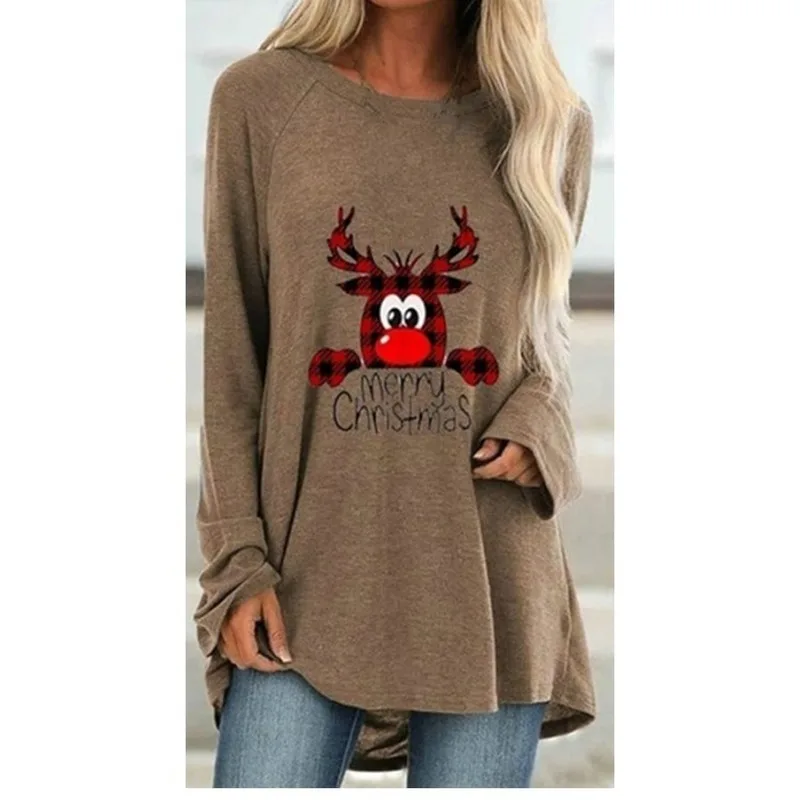 Женские футболки с рождественским узором длинным рукавом милым принтом оленя