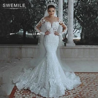 luxury dubai saudi arabic lace mermaid wedding dress sexy illusion long sleeve bride dresses crystals beads wedding gowns