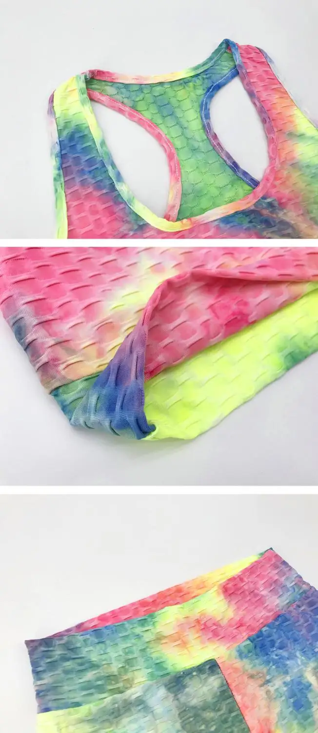 

Women Casual Two Piece Set for Sport Tie-dye Design O-Neck Sleeveless Slim Short Top+Elastic High Waist Slim Hips Pencil Pants