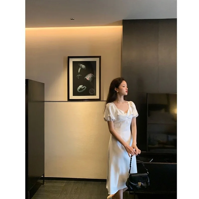 

Internet Celebrity Square Collar French Retro Dress Women Spring Summer Puff Sleeve Waist-tight Slim Fit Elegant Long Dress