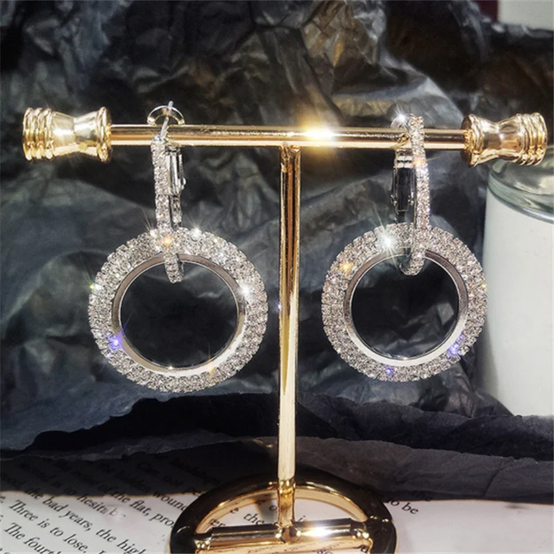 

Fashion Women 925 Silver Needle Full Diamond Geometric Circle Dangle Earrings Party Jewelry Gifts