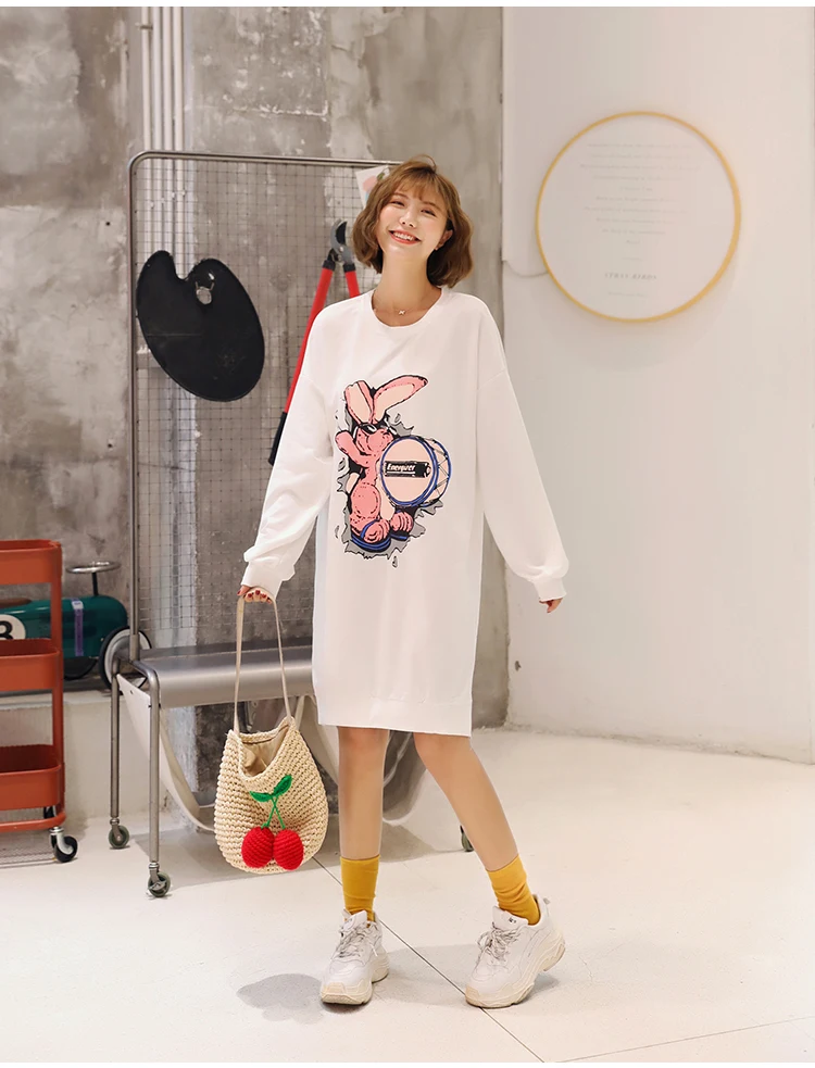 

Streetwear Autumn Cotton Thin Long Sleeve Dress Cartoon Printed Dresses Sundress New Casual Loose Women Short Dress