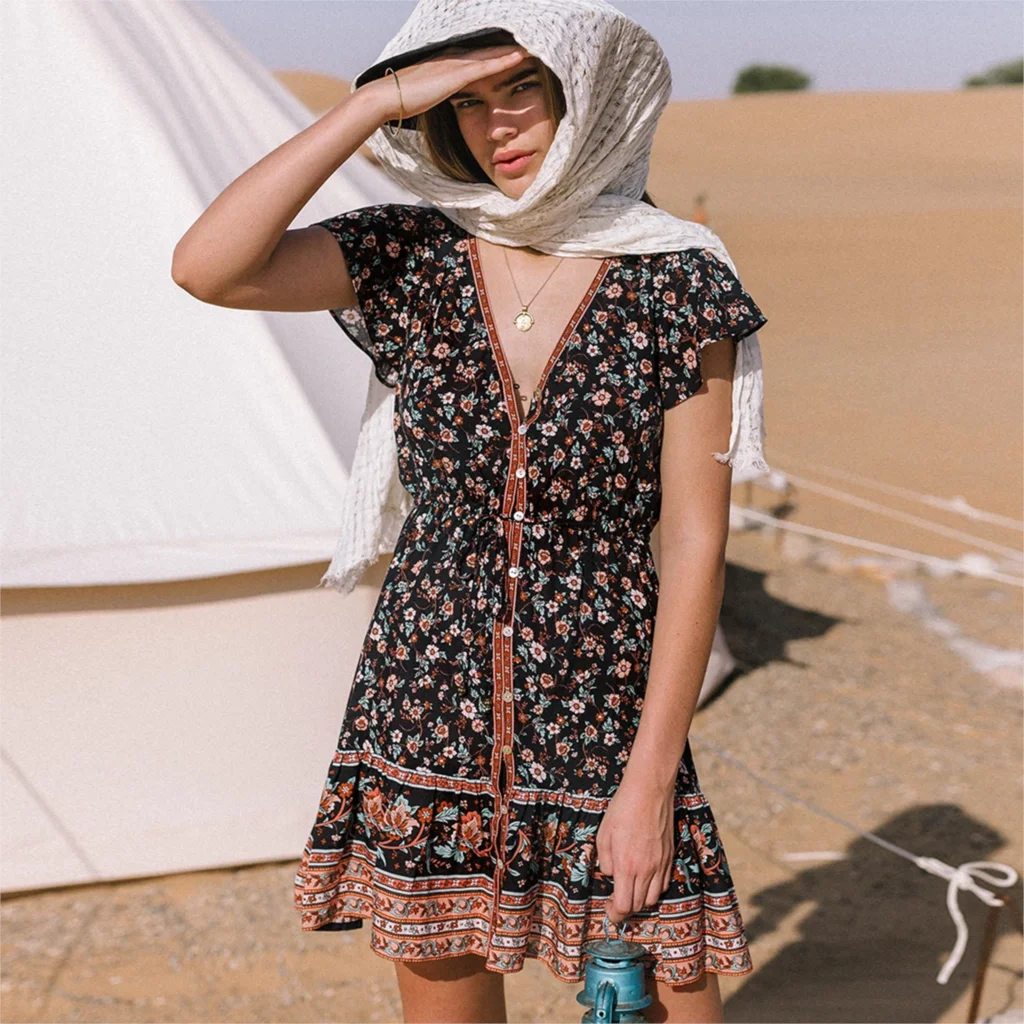 

Мини-платье в стиле бохо с цветочным принтом, винтажное шикарное пляжное повседневное пикантное дамское короткое платье на пуговицах, с V-об...