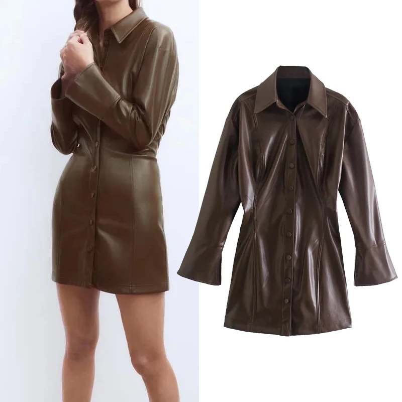 

Платье-рубашка za из искусственной кожи в стиле ретро, модное облегающее мини-платье с отложным воротником, повседневное вечернее платье с д...