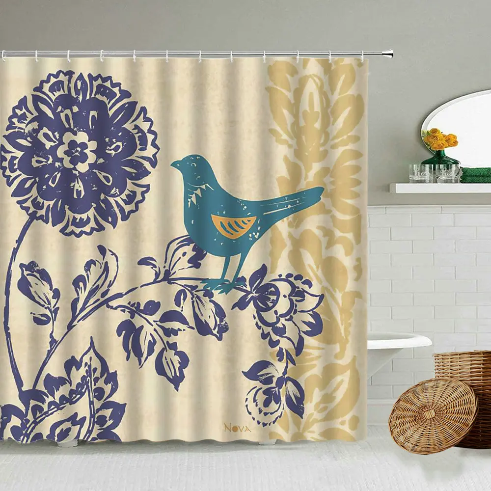 Занавеска для душа в американском стиле ретро с цветочным и птичьим узором