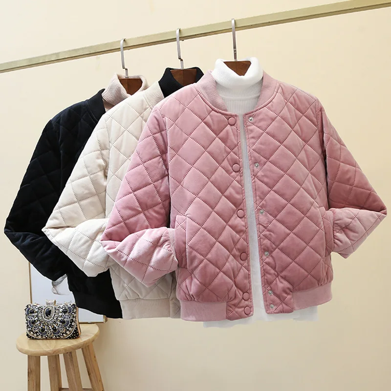 Women's short fashion gold velvet jacket loose padded coat baseball uniform women's single-breasted outer wear cotton jacket