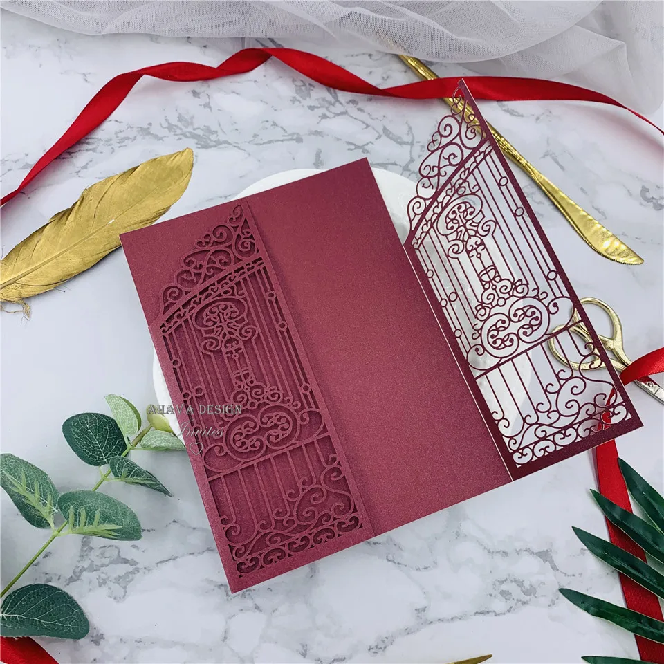 Винтажный сланец бордовая лазерная резка ворота-сложенное приглашение на