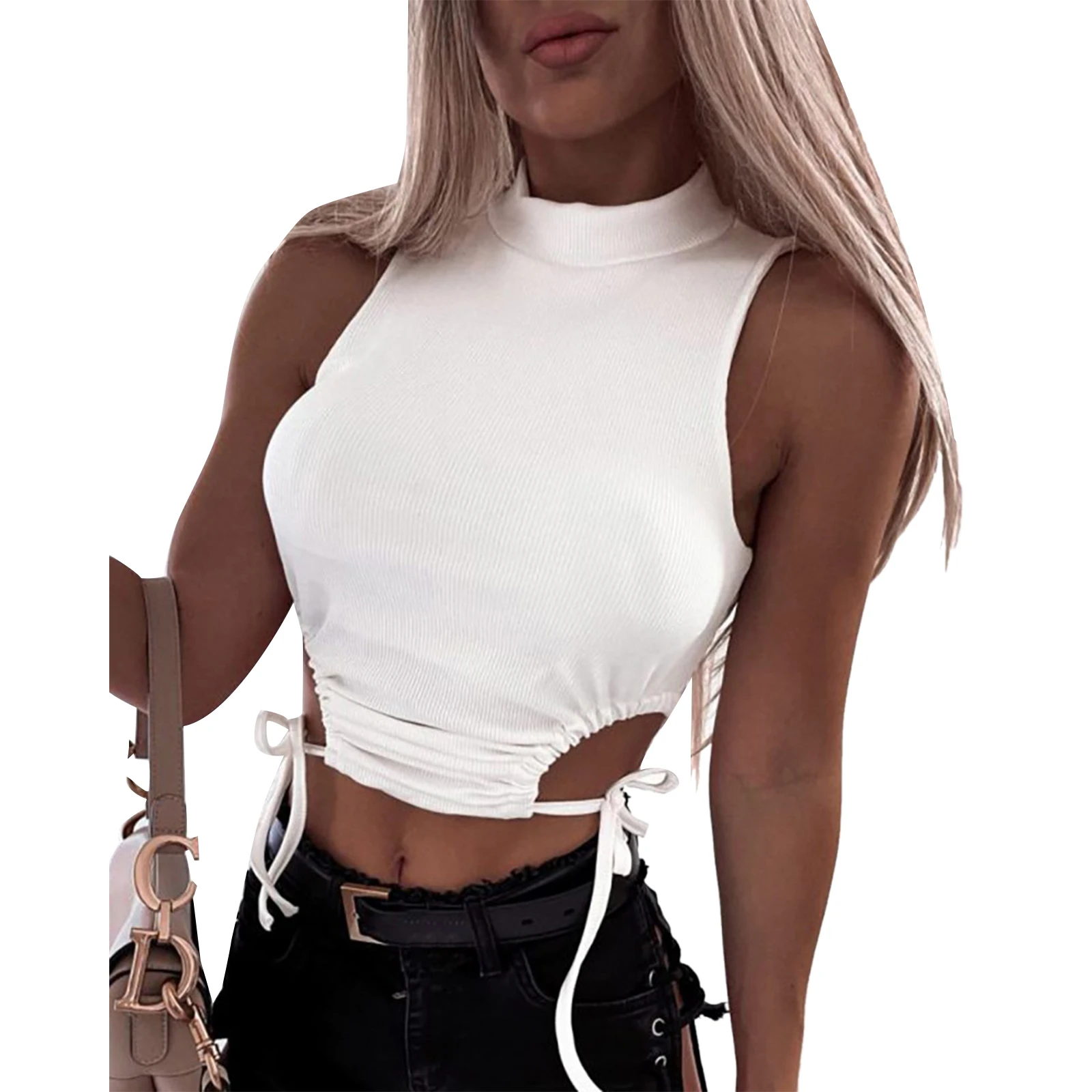 

Women's Rib Knit Tank Tops, Sleeveless Mock Neck Solid Color Cut Out Lace Up Crop Tops