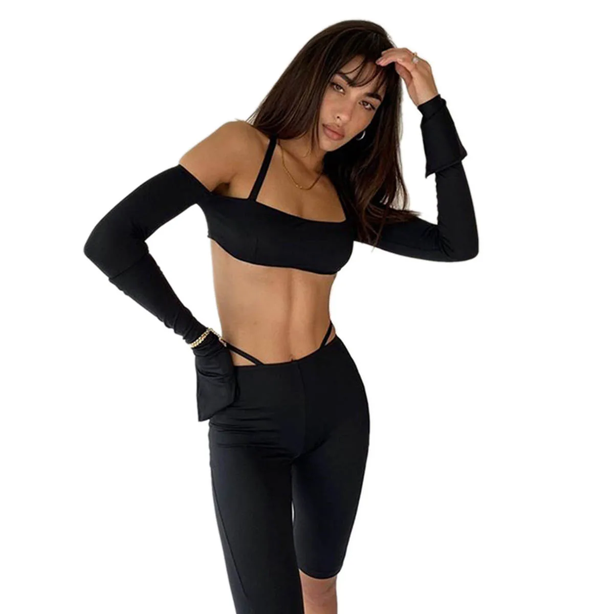 

2021Fashion Women's Cropped Top, Shorts Suit, Elastic Home Gym Neck-Hanging Wear Solid Color Tight Pants
