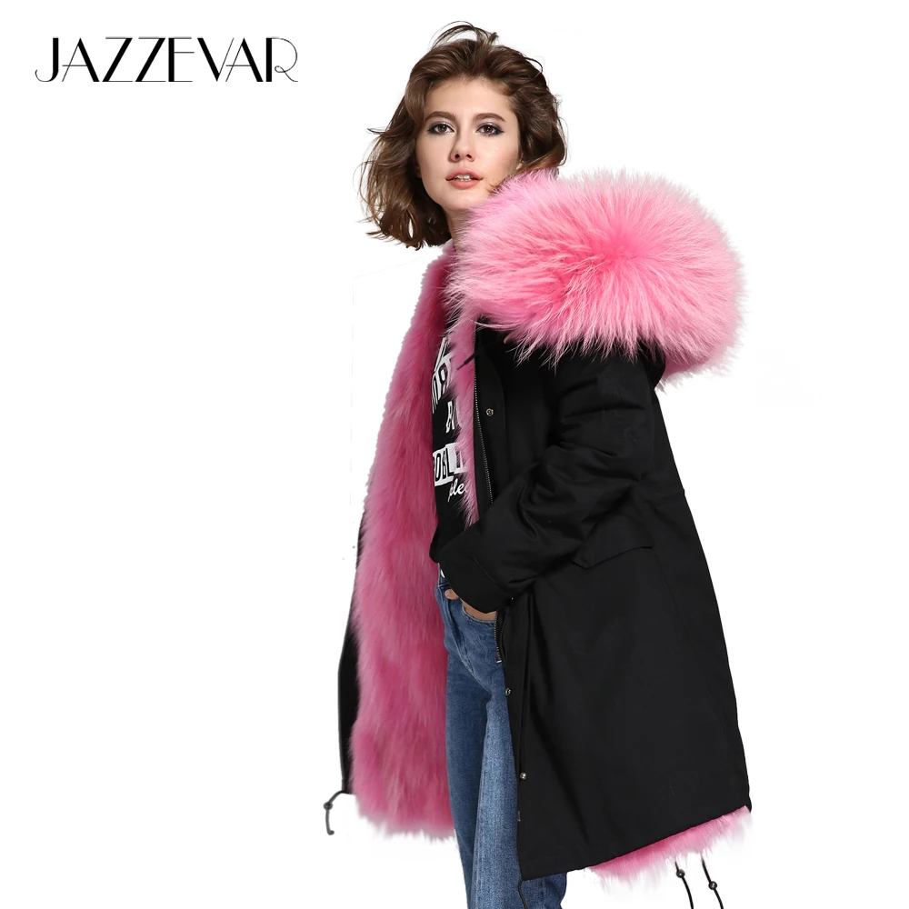 JAZZEVAR Новоя модная куртка женская Роскошные большой енота меховым воротником с капюшоном теплый меховой вкладыш парки длинные зимняя куртка наивысшего качества