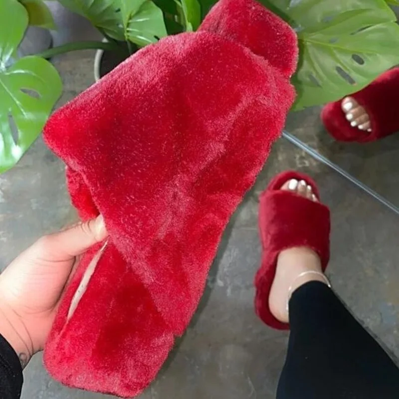

2020 Autumn Winter Women New Fur Slippers Outside Designer Fluffy Slides Leopard Sandals