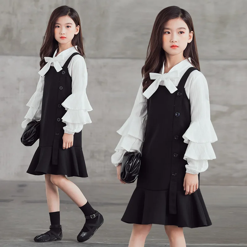 Conjunto de ropa para adolescentes, blusa blanca y chaleco negro, traje de dos piezas, chándal escolar para niños de 8, 10 y 12 años, primavera 2022