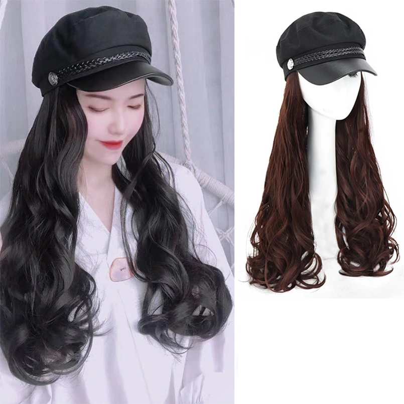 

2021 NEW Women Navy Hat Body Wave Military Cap Wig Captains Black Cadet Hat Military Hat Wig Integrated Natural Black