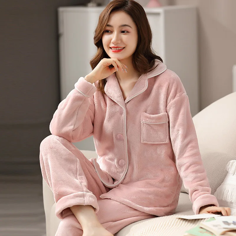 Winter Flannel Pajamas Women PJ Full Sleeves Warm Thicken Pijama Mujer Sleepwear Ladies Green Coral Fleece Pyjama Polaire Femme