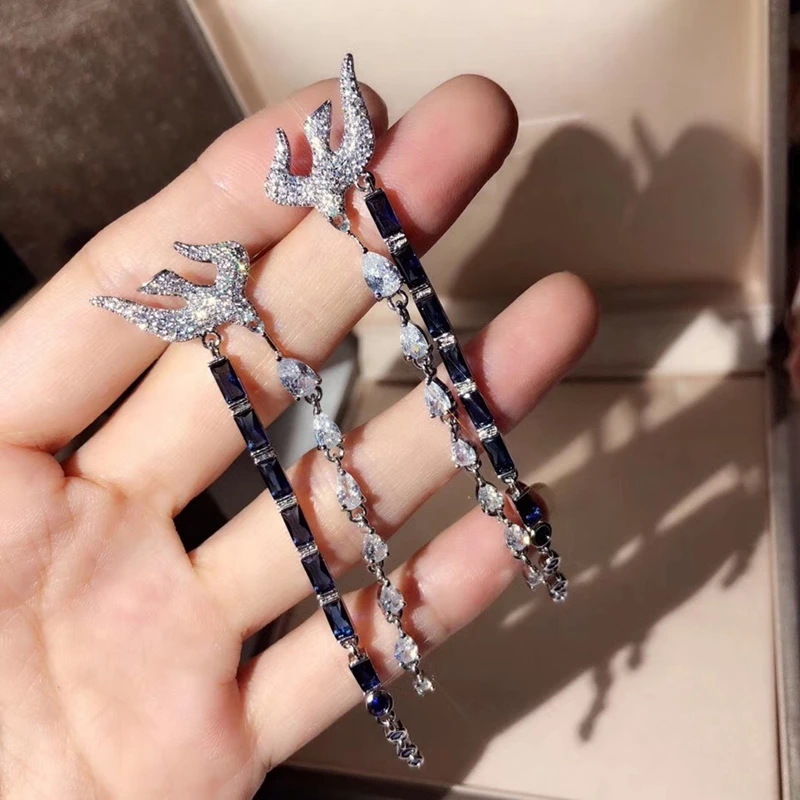 Привлекательное голубое платье квадратный Циркон Ласточка кисточкой Длинные