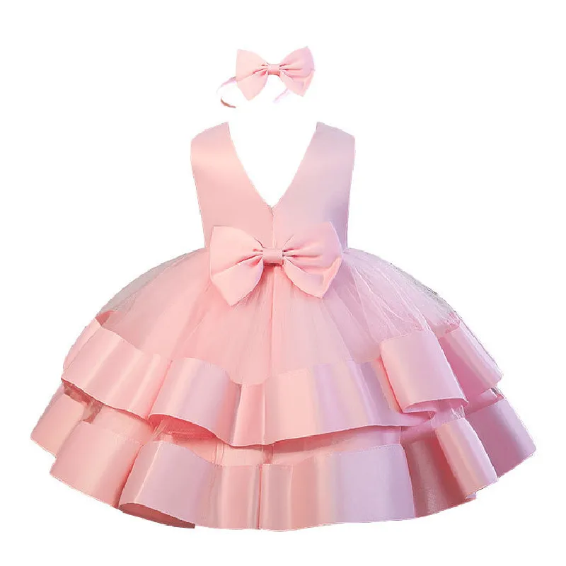 

Gorgeous Baby Girls Birthday Prom Dresses Lace V-Neck Children Bow Ball Gown Kids Girls Wedding Flower Princess Dress 1-6Y