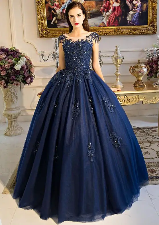 Темно-синее бальное платье с рукавами-крылышками, vestidos De 15 Anos, тюлевый с открытой спиной, Сексуальное Милое Платье 16, платья Бальные платья с аппликацией - Цвет: navy blue