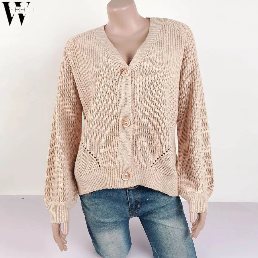 

WYHHCJ 2020 Women Warm Solid Color Sweaters Cardigan Female Lantern Sleeve V-neck Knitwear Autumn and Winter Top Sweaters