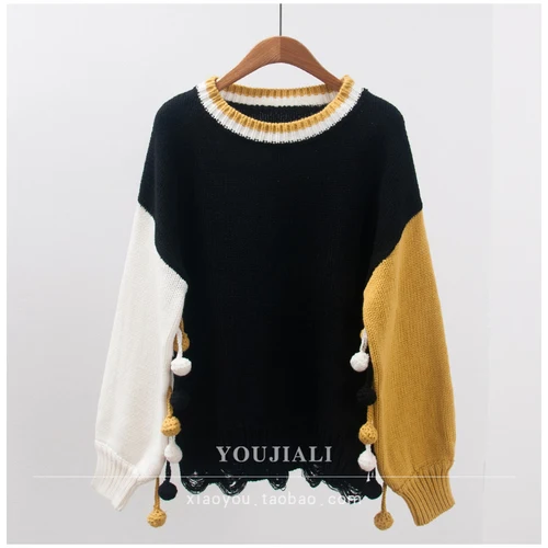 black pullover Woherb Модные женские свитера зимнее Трикотажное изделие с лоскутом негабаритных кисточкой Femme вязаные милые пуловеры Джемперы кофта с капюшоном - Цвет: black pullover