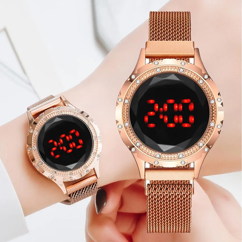 

Часы наручные женские с магнитным браслетом, люксовые Цифровые кварцевые с красным светодиодным циферблатом, для платьев