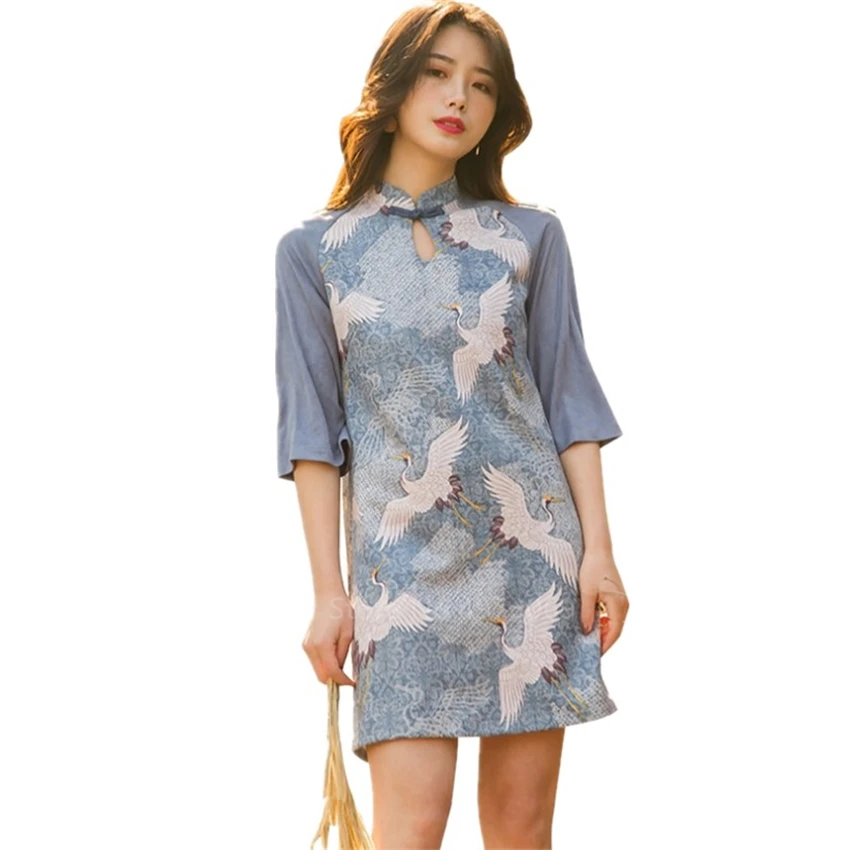 

Oriental Sexy Cheongsam Women Blue Crane Summer Dress Buttoned Loose Collar Qipao Chinese Vintage Elegant Evening Party Wear