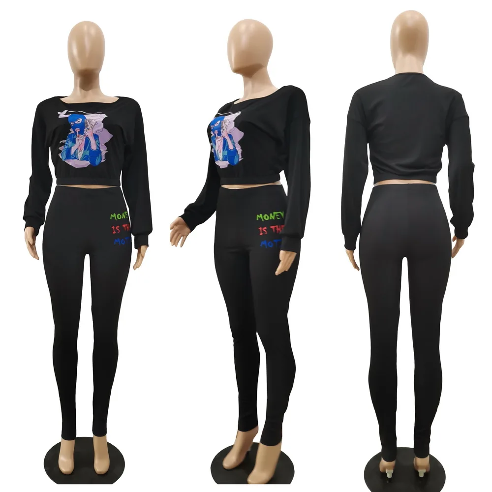 

Elastic Hight Solid Ribbed Knitted Suit Women 2 Pieces Set Character Letter Print Bandage Crop Top and Tight Legging Co-ord Set