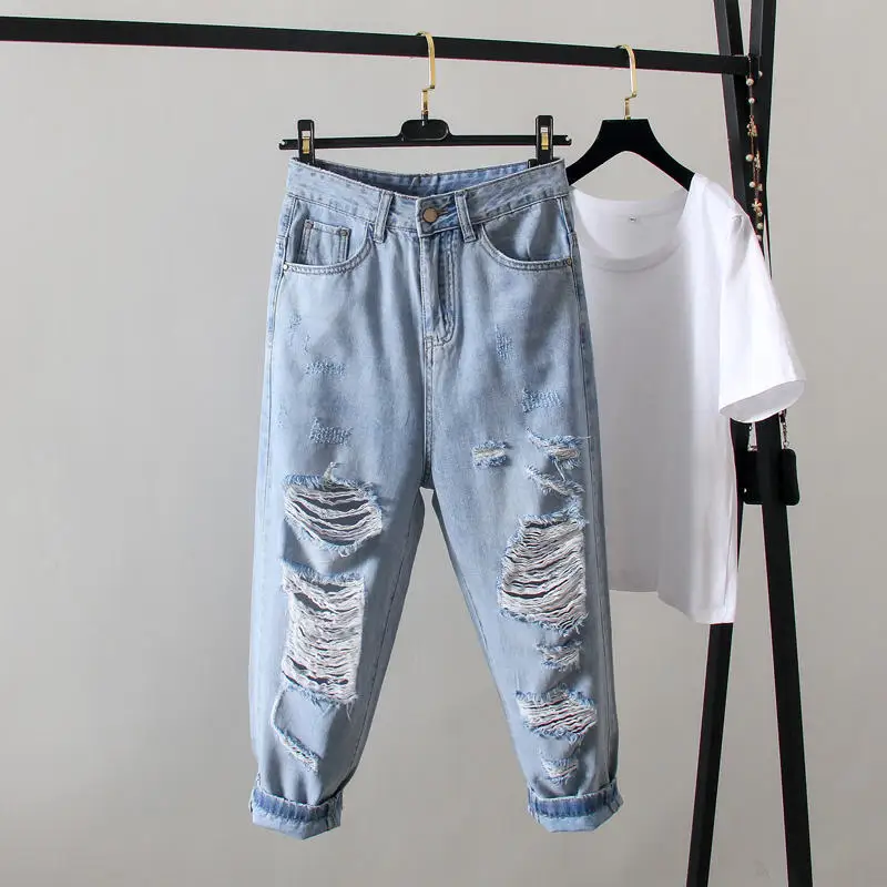 2020 Trousers Women Large Size Jeans Female Casual Loose Ripped for Denim Pants Streetwear Mom HK410 | Женская одежда