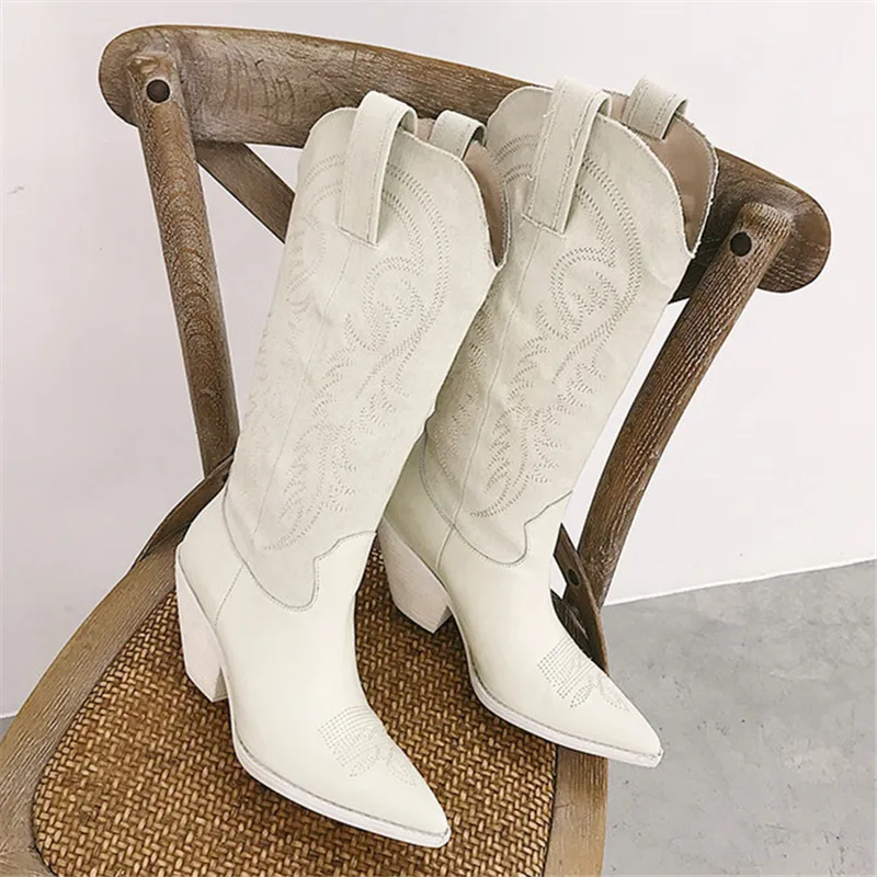 Женские сапоги до колена в западном стиле рыцарские боевые длинные с вышивкой