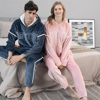 lover flannel pajamas set hooded long sleeve top and pants womenmen 2 pieces winter thick warm sleepwear ladys loungewear