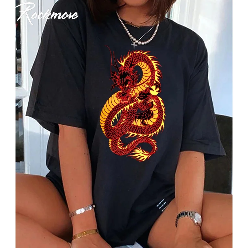 Женская футболка с коротким рукавом принтом дракона|Футболки| |