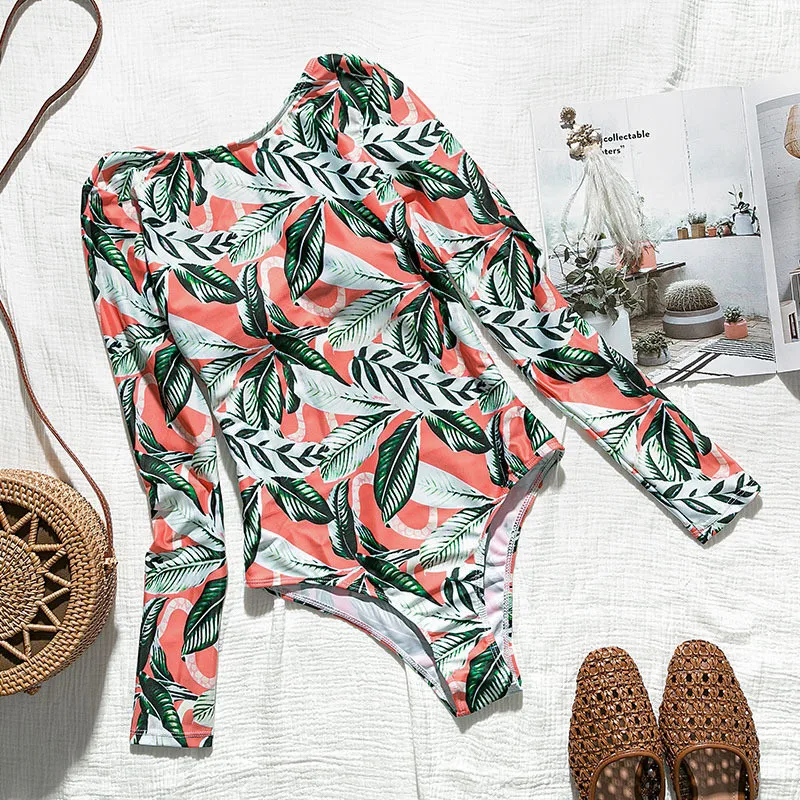 Women's Long Sleeve Swimsuit Sexy Slim Fit Printed Romper Bare Back Wetsuit Leaves Print One-piece Bathing Suits Sunsuit |