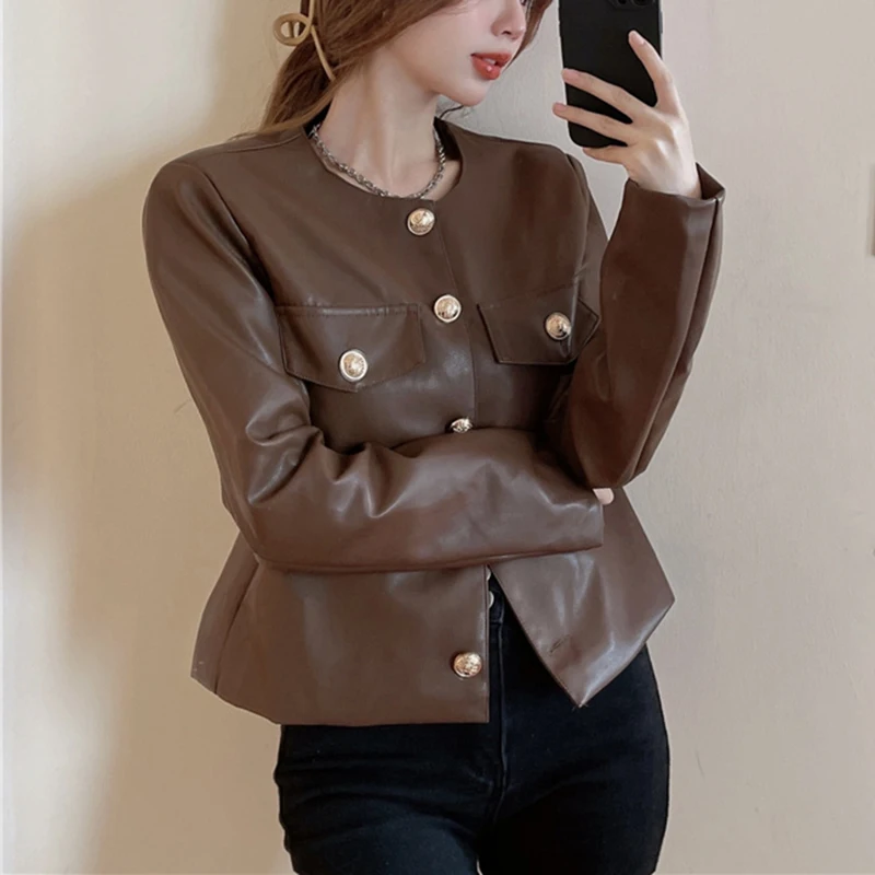 Autumn Coffee PU Leather Jacket Women 2021 Winter Slim O-neck Outerwear Single Breasted Motorcycle Coats Tops Female Clothes enlarge