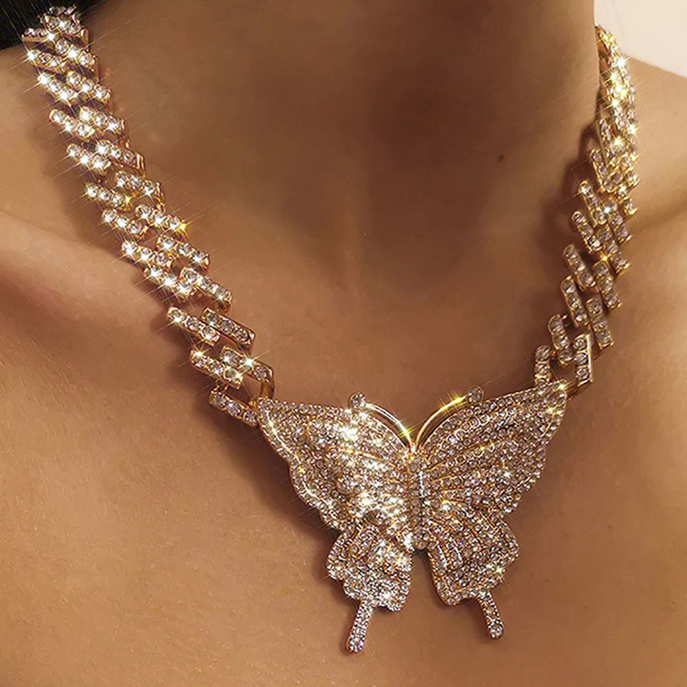 

Stonefans Luxury Rhinestone Big Butterfly Necklace for Women Men Miami Streetwear Aesthetic Chunky Cuban Chain Necklace Jewelry
