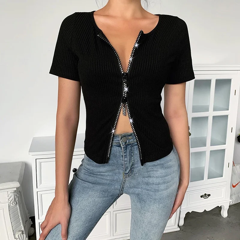 

Женская футболка на молнии, с глубоким V-образным вырезом