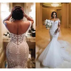 Off Shoulder Mermaid Wedding Dresses Arabic Aso Ebi Lace Backless Vestidos De Novia Court Train Plus Size Bridal Gown Robe De